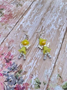 Handmade Yellow Flower Drop Earrings with Silver Butterfly Accents